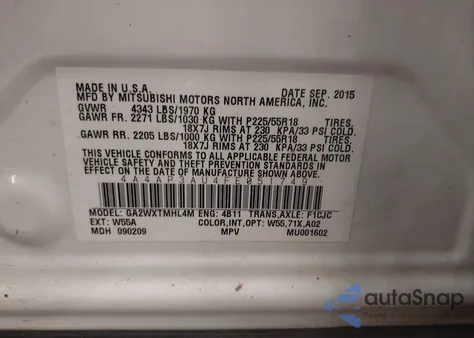 2015 Mitsubishi Outlander Sport Es z USA, uszkodzony, nr VIN 4A4AP3AU4FE051749